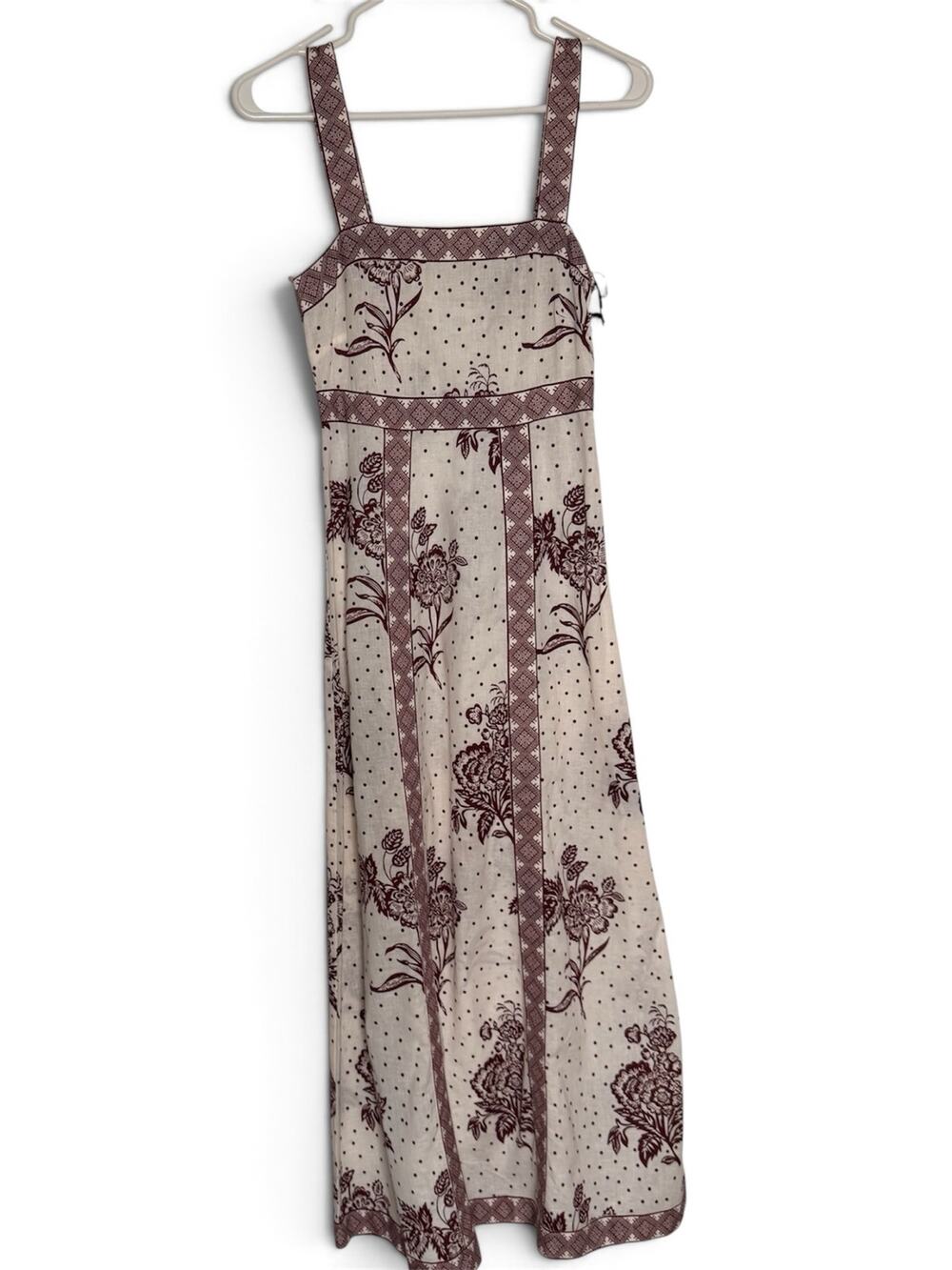 Tulip Creations Cream Maroon Block Print Cotton Linen Maxi Dress Sz 4 NWT